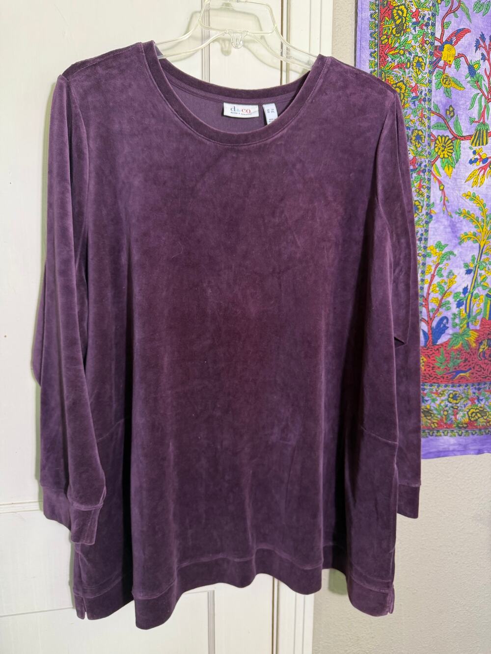 d&co Womens 3X Purple Velour Tunic Top 100% Cotton Oversized Long Sleeve